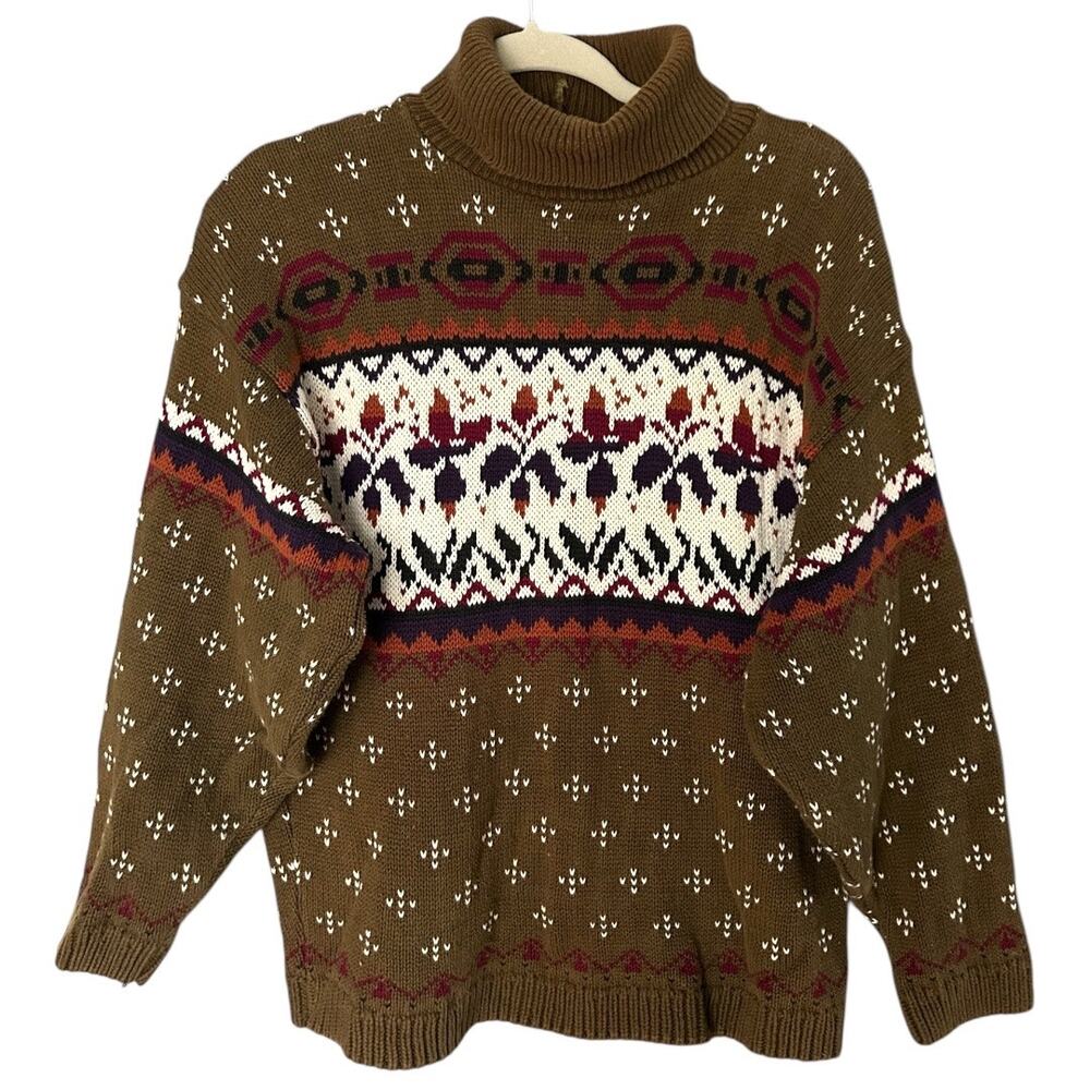 VTG Babette and Partners Fair Isle Sweater Women's Small Turtleneck Brown Autumn
